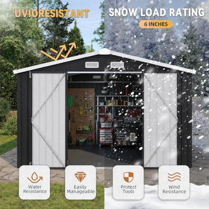 10x8FT Shed with Floor Galvanized Steel Outdoor Storage Shed Black