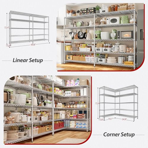 69.8" W Storage Shelves 1510LBS Wire Shelving Unit 5 Tier Metal Shelving for Storage Rack Shelves Adjustable Heavy Duty Garage Shelf Pantry Shelves Kitchen Shelving (5 Count)