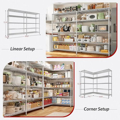 69.8" W Storage Shelves 1510LBS Wire Shelving Unit 5 Tier Metal Shelving for Storage Rack Shelves Adjustable Heavy Duty Garage Shelf Pantry Shelves Kitchen Shelving (5 Count)