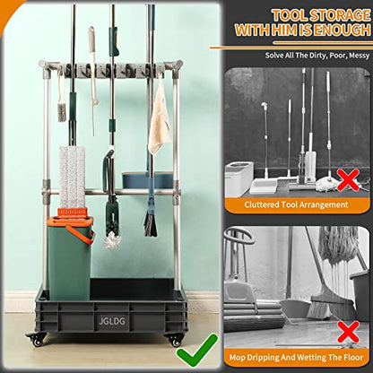 Broom mop Holder Cleaning Supplies Organizer Janitor carts on Wheels Housekeeping Station Storage Tools for Garage