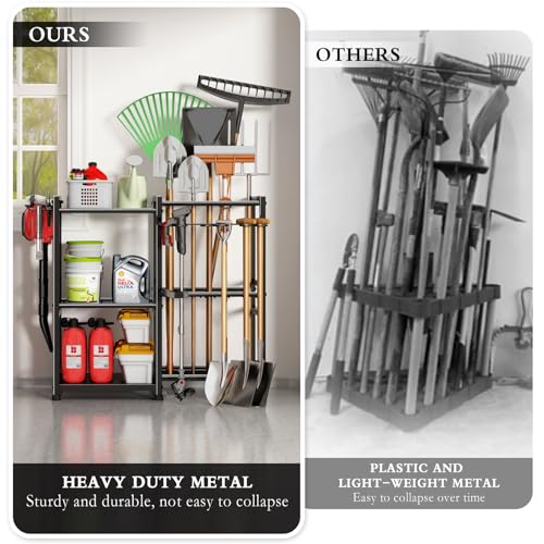 Garden Tool Organizer Storage Metal Yard Tool Organizer Heavy Duty Garden Tool Rack Stand with 2 Extra Hooks
