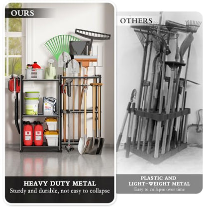 Garden Tool Organizer Storage Metal Yard Tool Organizer Heavy Duty Garden Tool Rack Stand with 2 Extra Hooks