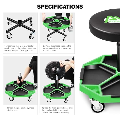 Adjustable Height Pneumatic Garage Seat Rolling Mechanic Stool with Tool Tray Storage