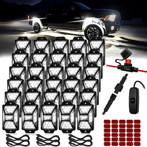 30 Pods Pure White LED Rock Lights Kit with Switch Wiring Harness (30 Count)