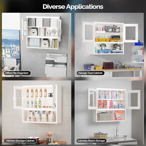 Metal Wall Cabinet with Locking Glass Doors & Magnetic LED Sensor Light