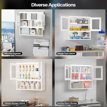 Metal Wall Cabinet with Locking Glass Doors & Magnetic LED Sensor Light
