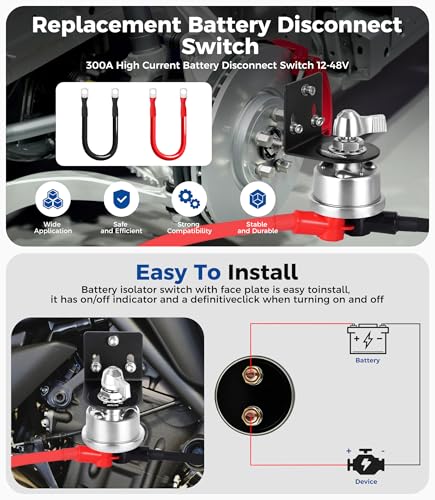 300A 12V 48V Battery Disconnect Switch with 2GA Cable Side Post Mounting Bracket High Current Battery Cut Off Heavy Duty Master Switch for Car Boat RV ATV UTV Vehicles