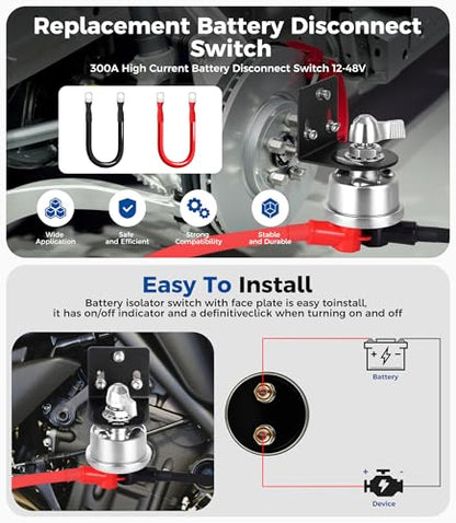 300A 12V 48V Battery Disconnect Switch with 2GA Cable Side Post Mounting Bracket High Current Battery Cut Off Heavy Duty Master Switch for Car Boat RV ATV UTV Vehicles