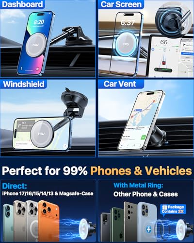 Upgraded Magnetic Phone Holder for Car【Patented & Super Magnet】 for MagSafe Car Mount Dashboard Magnet Phone Holder Windshield Phone Stand for iPhone 17 16 15 14 13 12 Pro Max Samsung