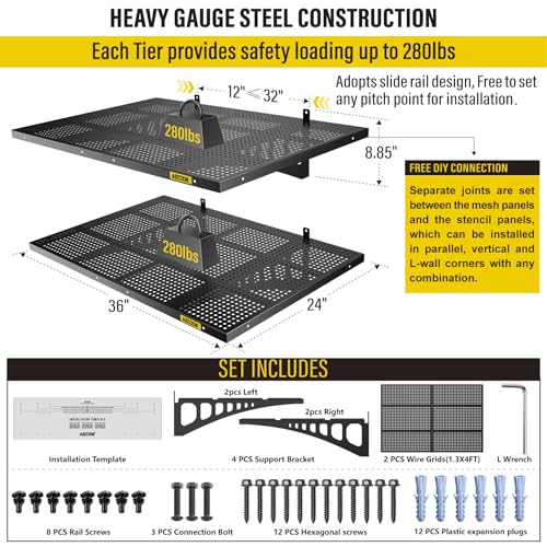 2 Pack 2x3ft Adjustable Garage Wall Shelving 560lbs Load Capacity Heavy Duty Wall Mounted Storage Shelf Metal Floating Shelves for Garage (2 Count)