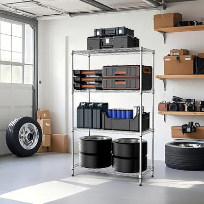 1000 lbs 4Tier Shelf Metal Storage Shelves Wire Rack Closet Organizers with Wheel for Garage Kitchen Bathroom Laundry Chrome 13.7" D x 29.5" W x 47.2" H (4 Count)
