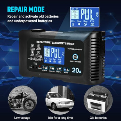 20Amp: 12/24V Smart Car Battery Charger – Automatic Maintainer, Trickle Charger & Desulfator with Overcharge Protection & Temperature Compensation – for Lead-Acid & Lithium & LiFePO4 Batteries