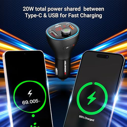 Monster Bluetooth FM Transmitter for Car Cigarette Lighter with 20W QC3.0 USB A & USB C PD Charger