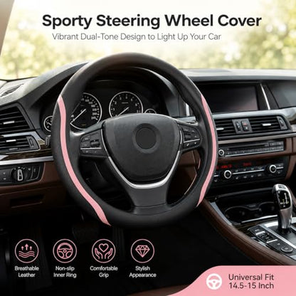 Steering Wheel Cover Black and Pink Leather Universal 14.5 (3 Count)