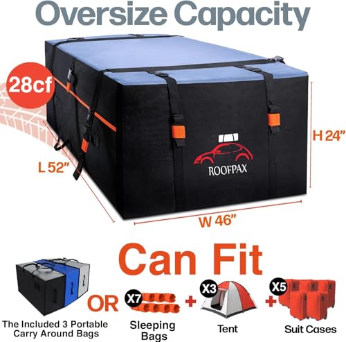 XXL 28 cuft Car Rooftop Cargo Carrier Bag Extra Waterproof Car Roof Storage with 10 Heavy Duty Tie Down Straps and 4 Hooks Roof Bag Cargo Carrier for Top of Vehicle with
