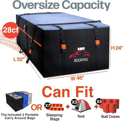 XXL 28 cuft Car Rooftop Cargo Carrier Bag Extra Waterproof Car Roof Storage with 10 Heavy Duty Tie Down Straps and 4 Hooks Roof Bag Cargo Carrier for Top of Vehicle with