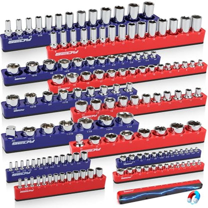 12-Piece 1/4" 3/8" 1/2"-Drive SAE & Metric Magnetic Socket Organizer Set (Holds 143 Sockets) -Detachable Tool Tray with 5mm Magnetic Base for Garage/Home(Sockets Not Included) (12 Count)