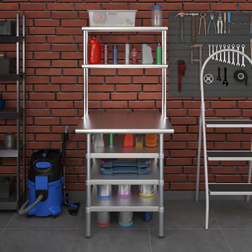 30" x 30" Stainless Steel Work Table with 3 Shelves and 12" Wide Double Tier Overshelf