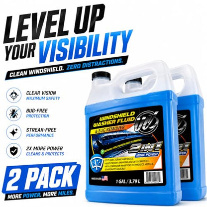 2-in-1 Windshield Washer Fluid 2-Pack (1 Gallon Each, 256 fl oz Total) – Ready to Use, Streak-Free Formula, All-Weather Cleaning, Removes Bugs, Dirt & Road Grime – Premium Windshield Cleaner (256 Fl Oz)