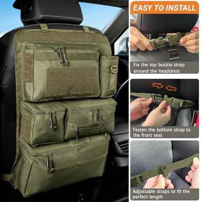 Tactical Seat Back Organizer Heavy Duty MOLLE Panel Organizer with Multiple Pockets & Hook Loop Panel for Road Trip Essentials