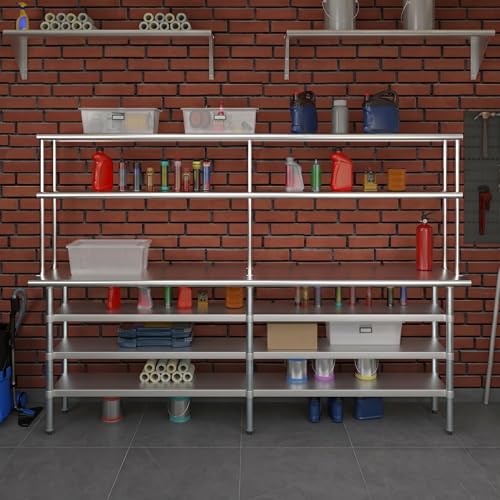 18" x 96" Stainless Steel Work Table with 3 Shelves and 12" Wide Double Tier Overshelf