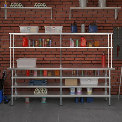 18" x 96" Stainless Steel Work Table with 3 Shelves and 12" Wide Double Tier Overshelf