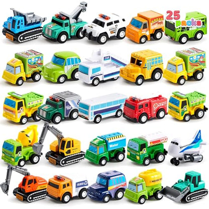 25 Pieces Pull Back Cars and Trucks Toy Vehicles Set for Kids