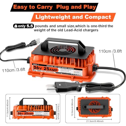 36V 25A Golf Cart Battery Charger 1250W for EZGO & Yamaha with Crowfoot Plug