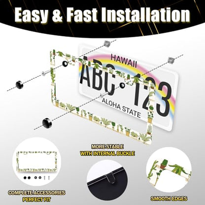 Cute Cactus Stainless Steel Tropical License Plate Frame 12.2 x 6.2 Inch
