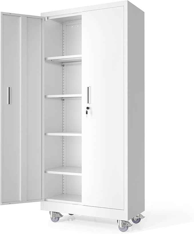 VINGLI Rolling Metal Storage Cabinet with Adjustable Shelves, 71'' Tall Garage Storage Cabinet with Wheels, Locking Tool Cabinets for Home Office Garage Gym School (White)