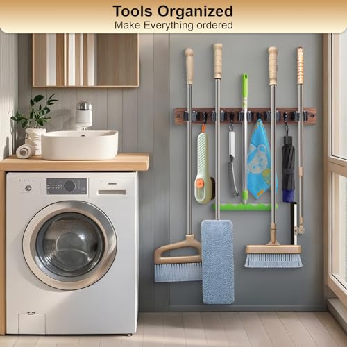 Broom Holder Wall Mount With 5 Slots & 4 Hooks