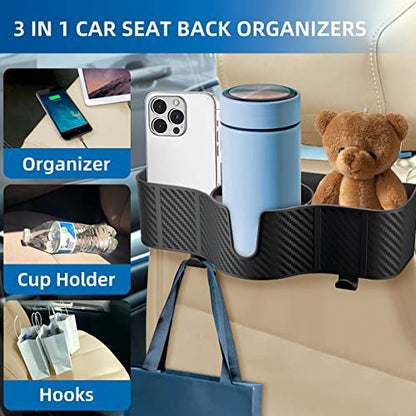3-in-1 Car Headrest Organizer with 3.7" Cup Holder & Hooks-2PC (2 Count)