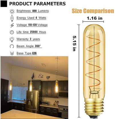 Vintage T10 LED Edison Light Bulb Super Thin Filament