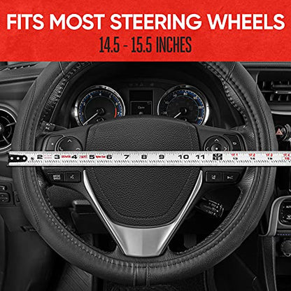 GripDrive Faux Black Leather Steering Wheel Cover for Car Truck Van SUV