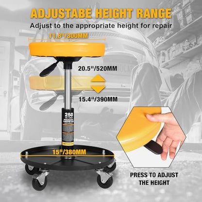 Rolling Mechanic Stool with Wheels Pneumatic Garage Shop Seat Adjustable Height Roller Mechanics Creeper Chair with Tool Tray for Auto Repair