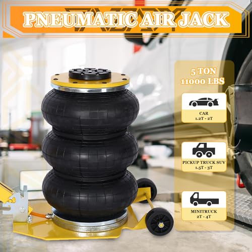 5T Triple Bag Air Jack 11000lbs Pneumatic Jack 3s Fast Lift Up 16in Airbag Jack with Adjustable Long Handle Heavy Duty Triple Air Bag Jack Lift for Cars Garage