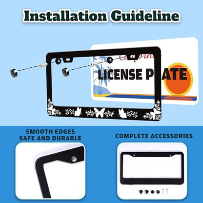 Black White Butterfly License Plate Frame Stainless Steel 6.3 X 12.2 Inch