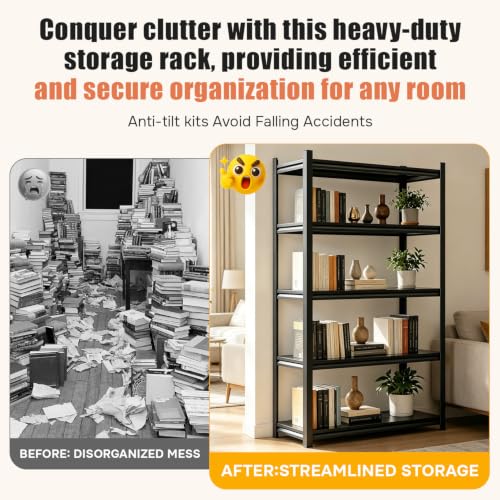 Book Shelf, 5-Tier Metal Bookshelf, Heavy Duty Steel Bookcases, Large Storage Capacity Adjustable Tall Industrial Bookshelf for Living Room, Bedroom and Library, Black (5-Tier 72''Hx32''Wx16''D)