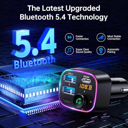 Bluetooth 5.4 Car Adapter 48W FM Transmitter for Hands Free Calls