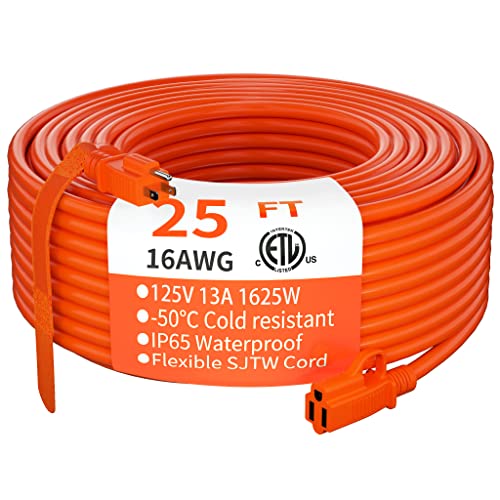 Indoor Outdoor Orange Extension Cord 25 FT Waterproof 16 (25 Foot)