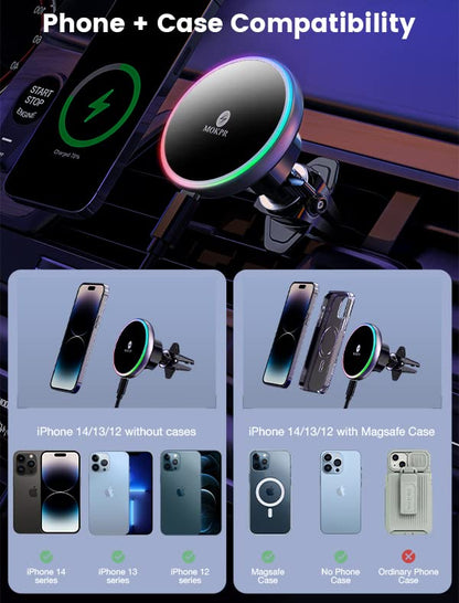 for Magsafe Car Mount Charger 15W LED RGB Car Phone Holder for Dash Vent