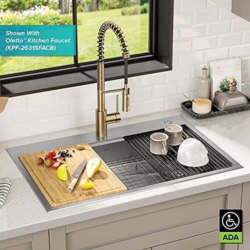 KWT310-33/5.5 Kore ADA Workstation 33-inch Drop-In Topmount 16 Gauge Stainless Steel Single Bowl Kitchen Sink with Accessories, 33 Inch