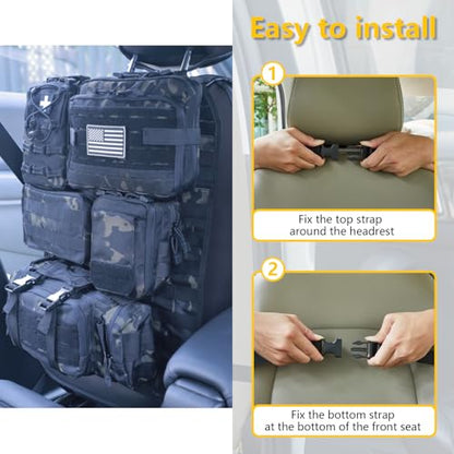 Universal Tactical Car Seat Back Organizer Bag Tactical Molle Vehicle Organizers Panel Vehicle Protector Organizers with 5 Detachable Pouches for Car Truck Ford Jeep