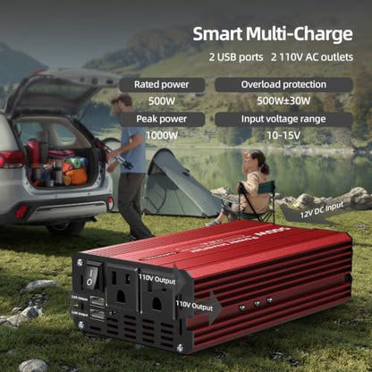 500W Power Inverter DC 12V to 110V AC Car Inverter with 2 x 3.1A USB Ports and Dual AC Outlet