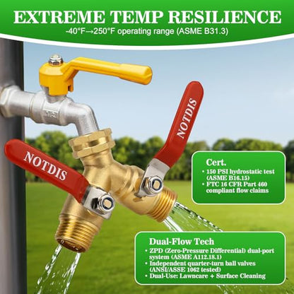Hose Splitter 2 Way Heavy Duty Brass Garden Hose Splitter with 304 Stainless Steel Long Handle Outdoor Full Flow Hose Splitter Connector