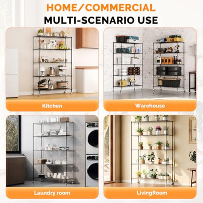 5 Tier Metal Storage Shelves 73''H Wire Shelving with Wheels for Storage Adjustable Heavy Duty Garage Shelving Storage Racks for Pantry Shelves Kitchen Office Garage