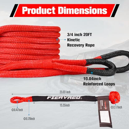3 4” x 20FT Kinetic Recovery Rope Kit with 2 Soft Shackles (20 Foot)