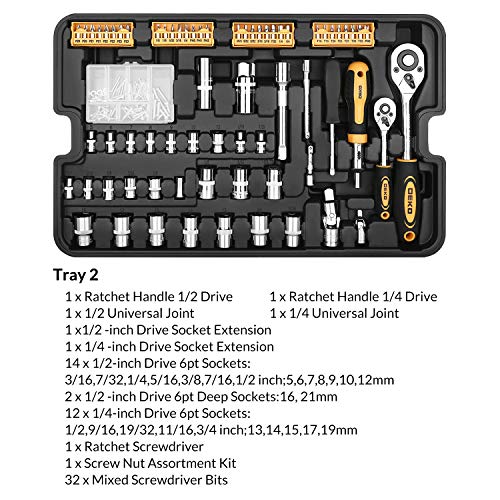 258 Piece Tool Kit with Rolling Tool Box Socket Wrench Hand Tool Set Mechanic Case Trolley Portable (258 Count)