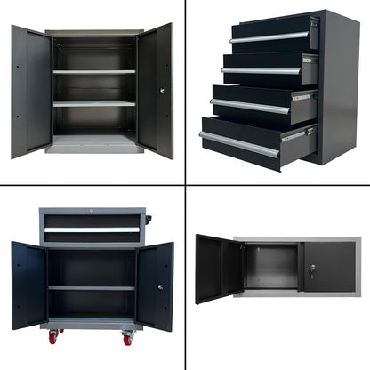 JZD Garage Storage Cabinet System, Lockable Tool Workbench Set for Workshop, Rolling Chest Included, Wall Mounting Not Necessary