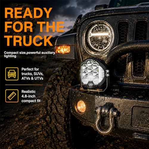 2pcs 5 Inch White Round Offroad Lights LED Pods with Amber DRL 90W LED Light Pods 270° Wide Range Super Bright Side Shooter with Wiring Harness kit for Truck Pickup ATV UTV SUV